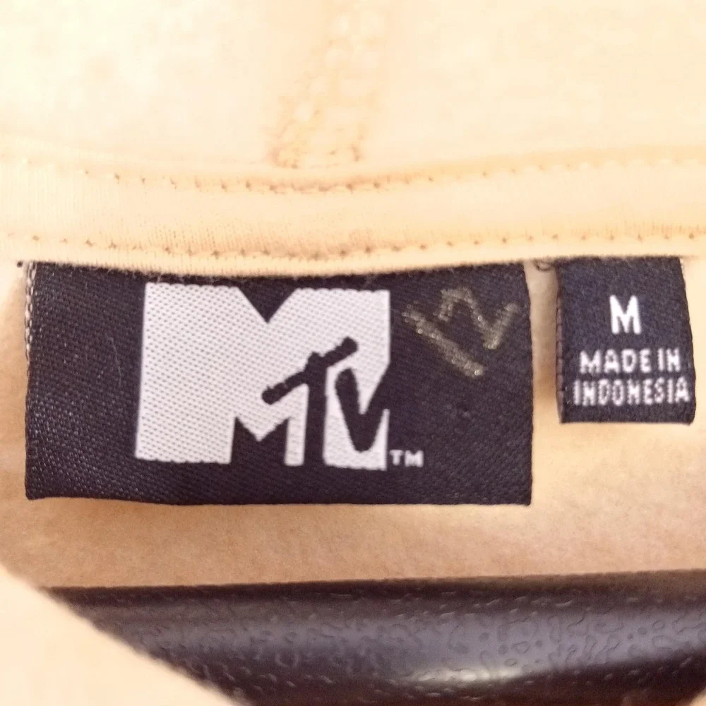 MTV Hoodie Mens Medium Beige Cactus Music Television Graphic Pullover Sweatshirt